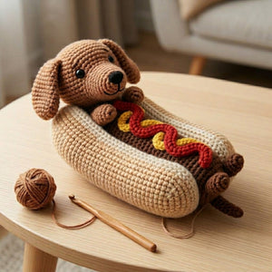 Crochet Hot Dog Dachshund Amigurumi Plush, Handmade Puppy Stuffed Toy, Cute Food Dog Decor, Custom 4-12 Inch Soft Gift For Kids And Dog Fans