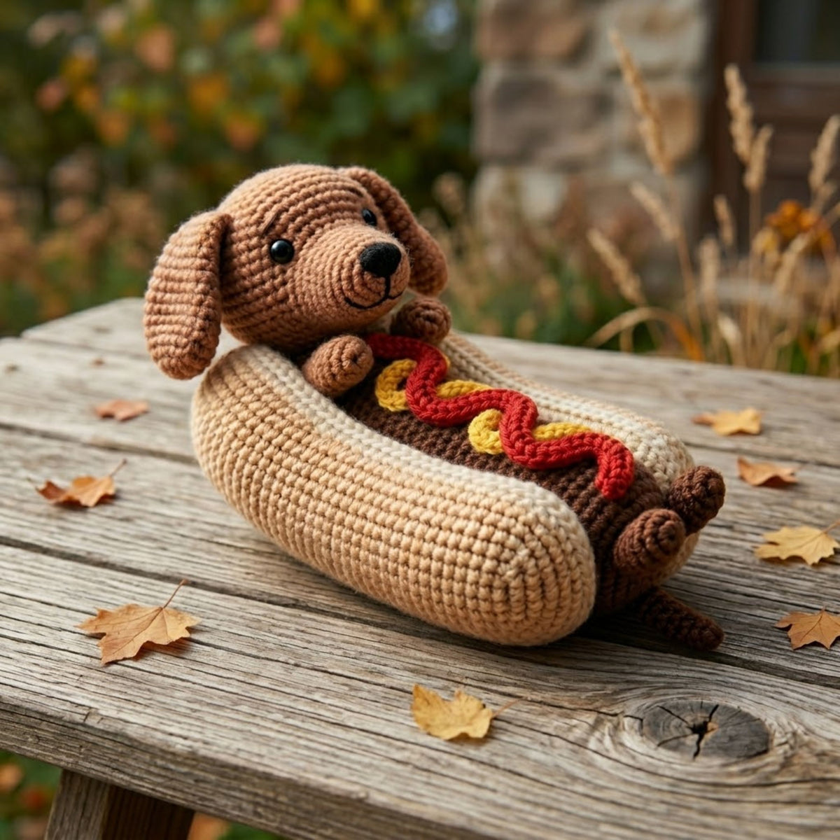 Crochet Hot Dog Dachshund Amigurumi Plush, Handmade Puppy Stuffed Toy, Cute Food Dog Decor, Custom 4-12 Inch Soft Gift For Kids And Dog Fans