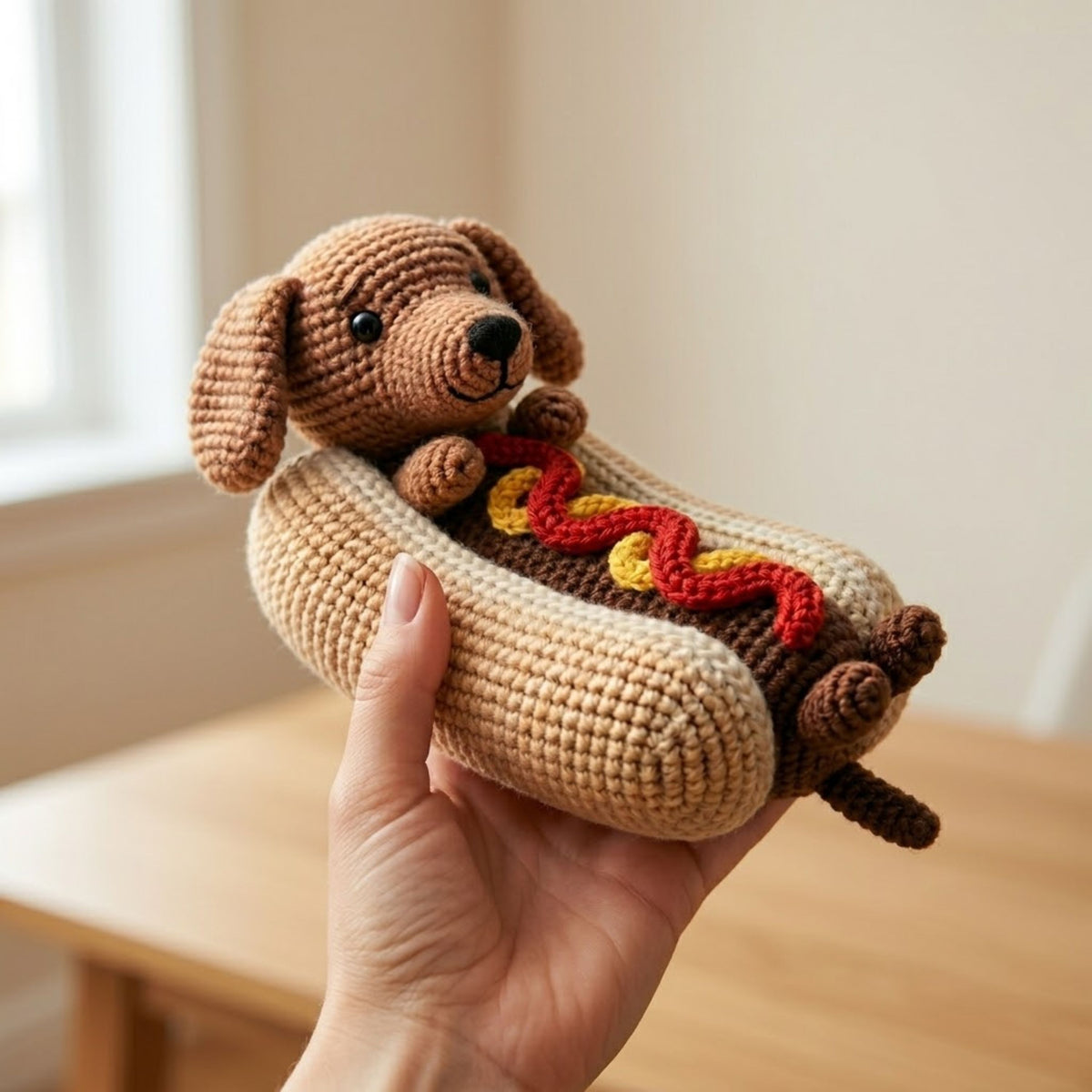 Crochet Hot Dog Dachshund Amigurumi Plush, Handmade Puppy Stuffed Toy, Cute Food Dog Decor, Custom 4-12 Inch Soft Gift For Kids And Dog Fans