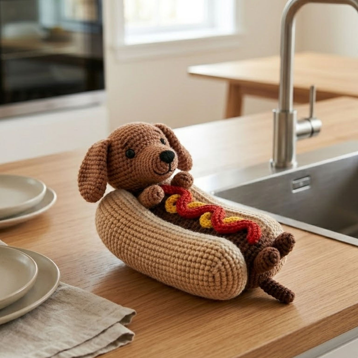 Crochet Hot Dog Dachshund Amigurumi Plush, Handmade Puppy Stuffed Toy, Cute Food Dog Decor, Custom 4-12 Inch Soft Gift For Kids And Dog Fans