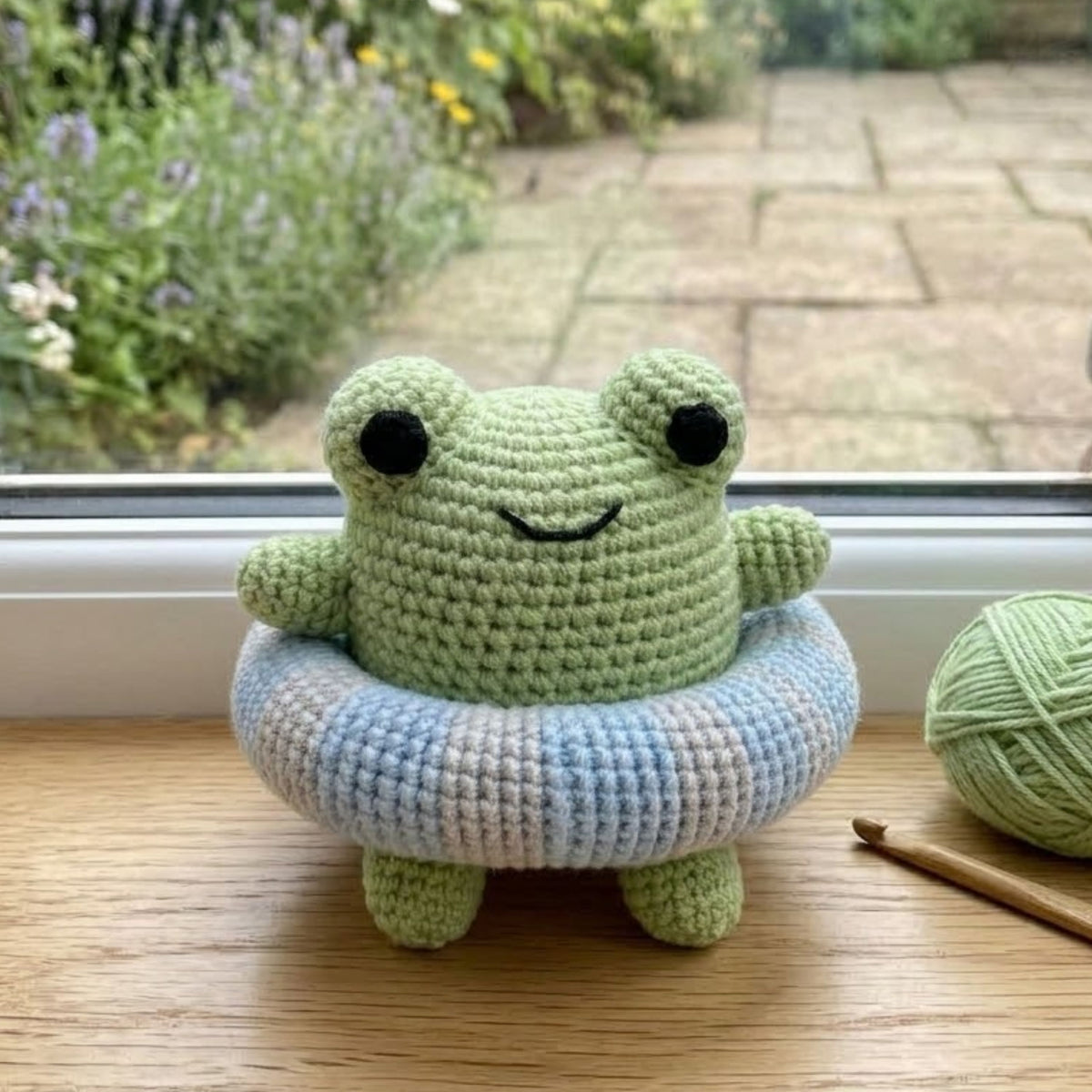 Crochet Frog Pool Float Amigurumi Plush, Handmade Frog Stuffed Toy, Cute Swim Ring Nursery Decor, Custom 4-12 Inch Summer Gift For Kids Room