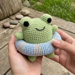 Crochet Frog Pool Float Amigurumi Plush, Handmade Frog Stuffed Toy, Cute Swim Ring Nursery Decor, Custom 4-12 Inch Summer Gift For Kids Room