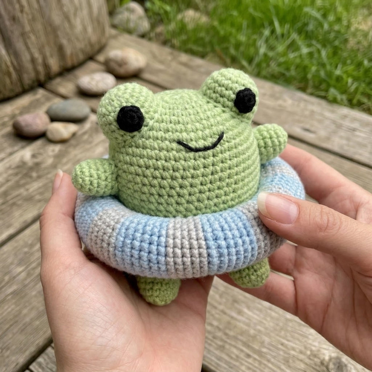 Crochet Frog Pool Float Amigurumi Plush, Handmade Frog Stuffed Toy, Cute Swim Ring Nursery Decor, Custom 4-12 Inch Summer Gift For Kids Room