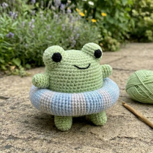 Crochet Frog Pool Float Amigurumi Plush, Handmade Frog Stuffed Toy, Cute Swim Ring Nursery Decor, Custom 4-12 Inch Summer Gift For Kids Room