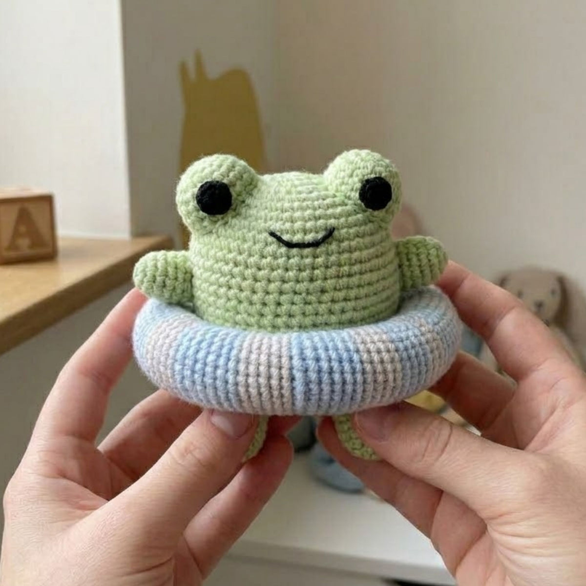 Crochet Frog Pool Float Amigurumi Plush, Handmade Frog Stuffed Toy, Cute Swim Ring Nursery Decor, Custom 4-12 Inch Summer Gift For Kids Room