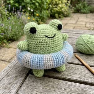 Crochet Frog Pool Float Amigurumi Plush, Handmade Frog Stuffed Toy, Cute Swim Ring Nursery Decor, Custom 4-12 Inch Summer Gift For Kids Room