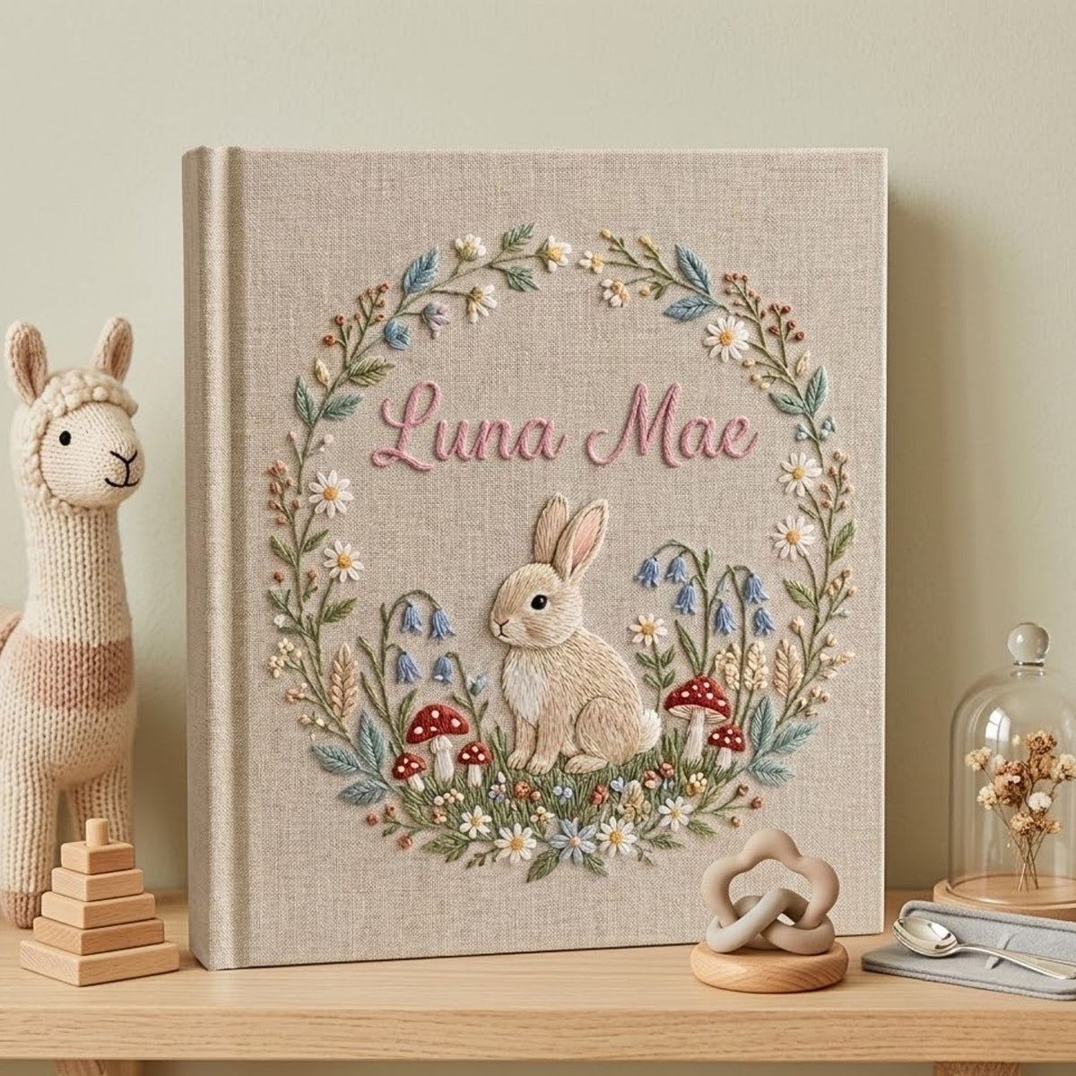 Hand Embroidered Baby Photo Album, Personalized Baby Name Album, Bunny Woodland Nursery Keepsake, Custom Newborn Gift Linen Cover