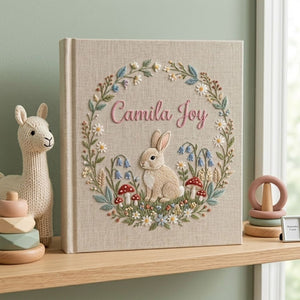 Hand Embroidered Baby Photo Album, Personalized Baby Name Album, Bunny Woodland Nursery Keepsake, Custom Newborn Gift Linen Cover