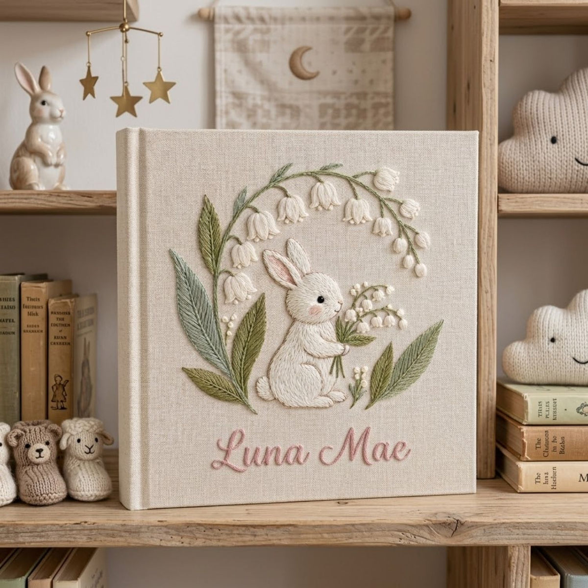 Hand Embroidered Baby Photo Album, Personalized Bunny Baby Album, Custom Name Linen Keepsake, Woodland Floral Nursery Gift