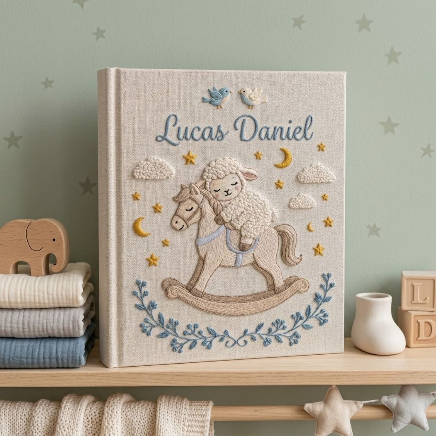 Hand Embroidered Baby Photo Album, Personalized Rocking Horse Lamb Album, Custom Name Linen Baby Keepsake, Nursery Decor Gift