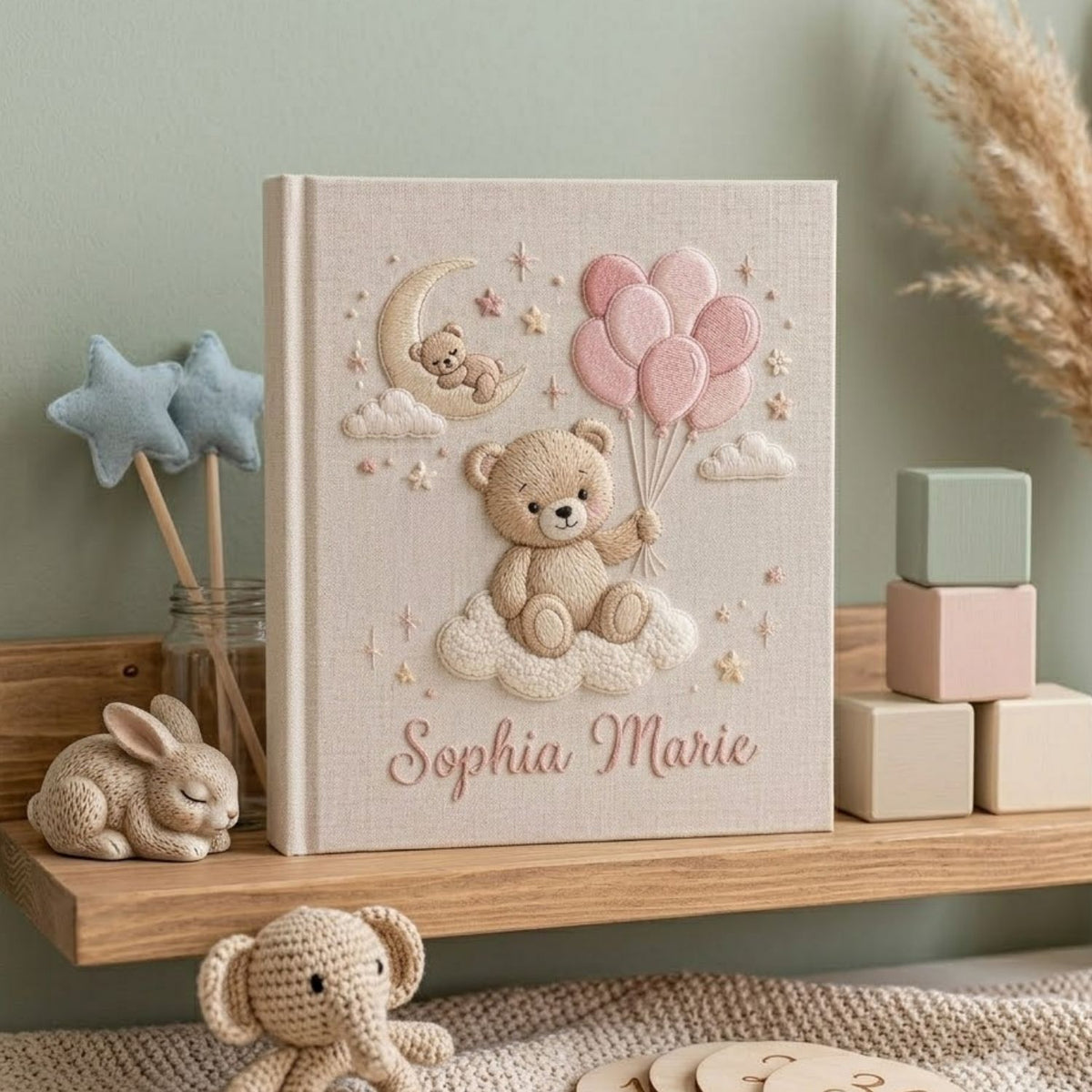 Hand Embroidered Baby Photo Album, Personalized Teddy Bear Balloon Album, Custom Name Linen Keepsake, Baby Girl Nursery Gift