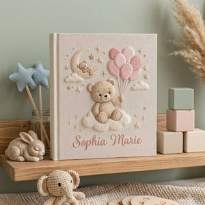 Hand Embroidered Baby Photo Album, Personalized Teddy Bear Balloon Album, Custom Name Linen Keepsake, Baby Girl Nursery Gift