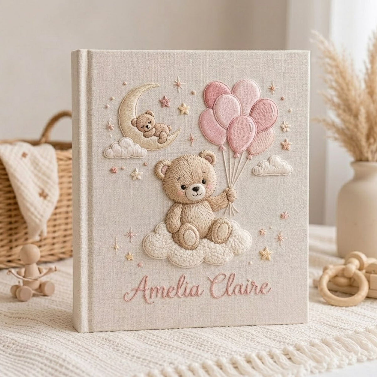 Hand Embroidered Baby Photo Album, Personalized Teddy Bear Balloon Album, Custom Name Linen Keepsake, Baby Girl Nursery Gift
