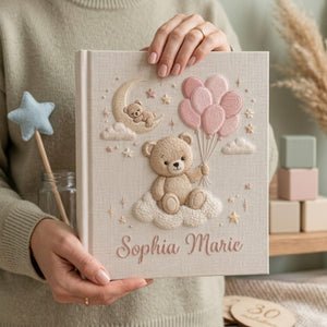 Hand Embroidered Baby Photo Album, Personalized Teddy Bear Balloon Album, Custom Name Linen Keepsake, Baby Girl Nursery Gift