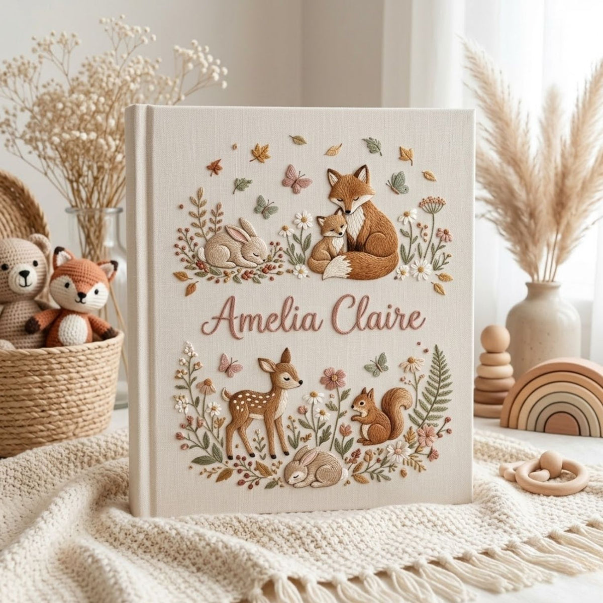Hand Embroidered Baby Photo Album, Personalized Woodland Animal Album, Fox Deer Bunny Linen Keepsake, Custom Baby Name Nursery Gift
