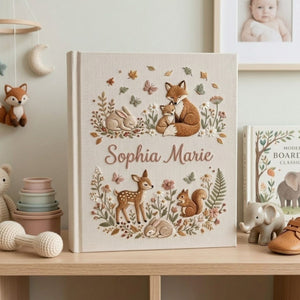 Personalized Baby Photo Album, Hand Embroidered Dinosaur Memory Book, Custom Name Keepsake, Woodland Nursery Gift, Newborn, Baby Shower Gift