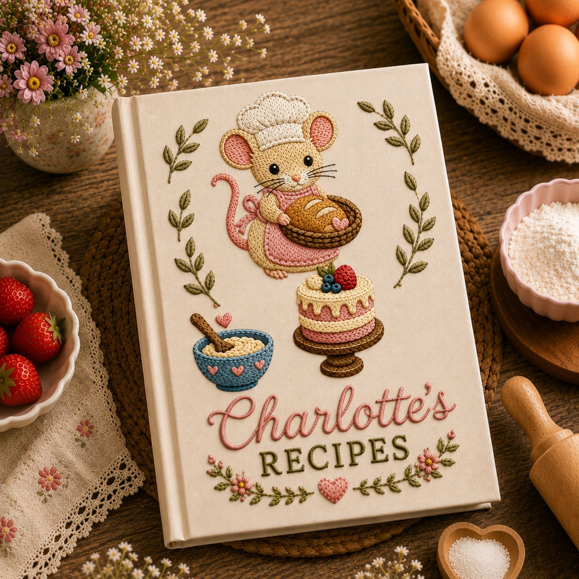 Personalized Mouse Baker Recipe Book, Embroidered Cooking Journal, Cute Baking Mouse Cookbook, Gift for Bakers, Cottagecore Baking Journal