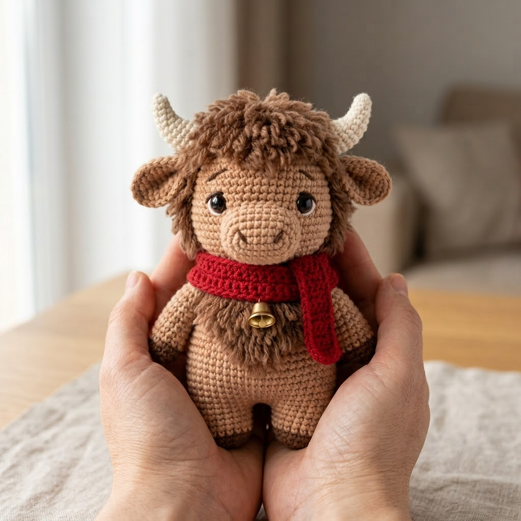 Christmas Yak Crochet Doll, Handmade Amigurumi Plush With Red Scarf