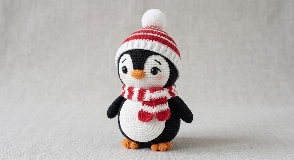 Crochet Penguin Doll, Winter Christmas Plush, Cute Amigurumi Holiday Decor