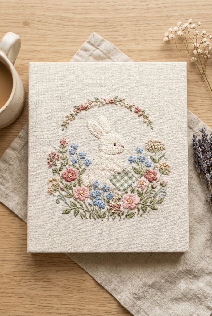 Simple Line Embroidered Linen Photo Album 2 3 Vertical Ratio Bunny Flowers