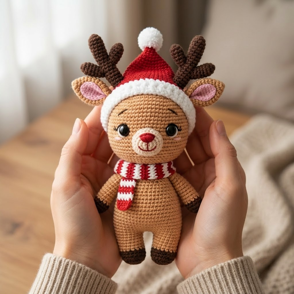 Charming Crochet Reindeer Doll, Christmas Amigurumi Plush With Santa Hat