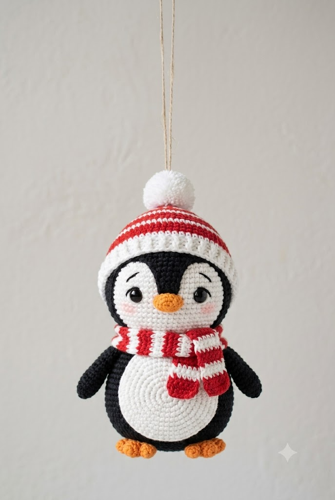 Crochet Penguin Doll, Winter Christmas Plush, Cute Amigurumi Holiday Decor