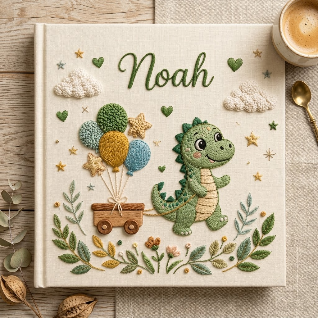 Personalized Baby Photo Album, Custom Embroidered Dinosaur Baby Book, Newborn Keepsake Gift