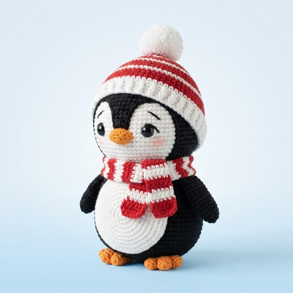 Crochet Penguin Doll, Winter Christmas Plush, Cute Amigurumi Holiday Decor