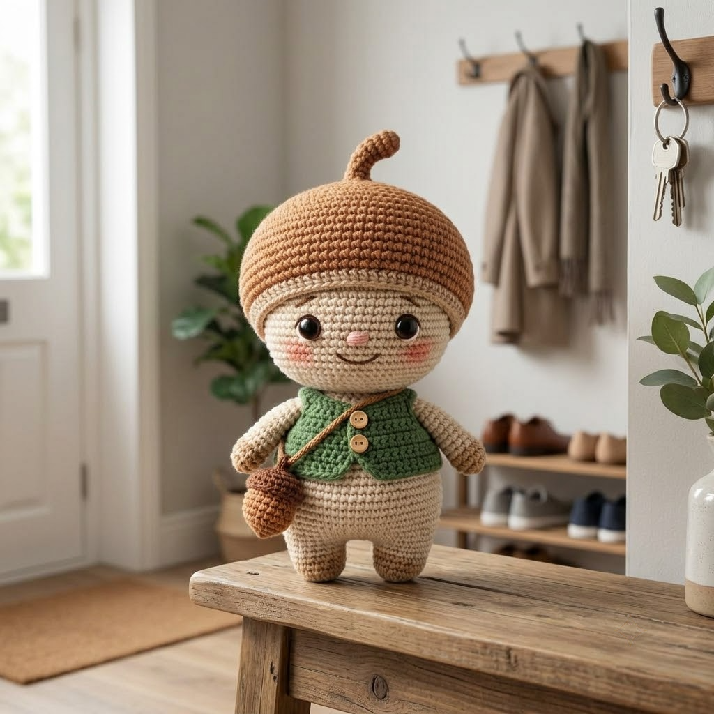 Cute Crochet Acorn Doll, Woodland Plush Forest Decor, Autumn Handmade Toy