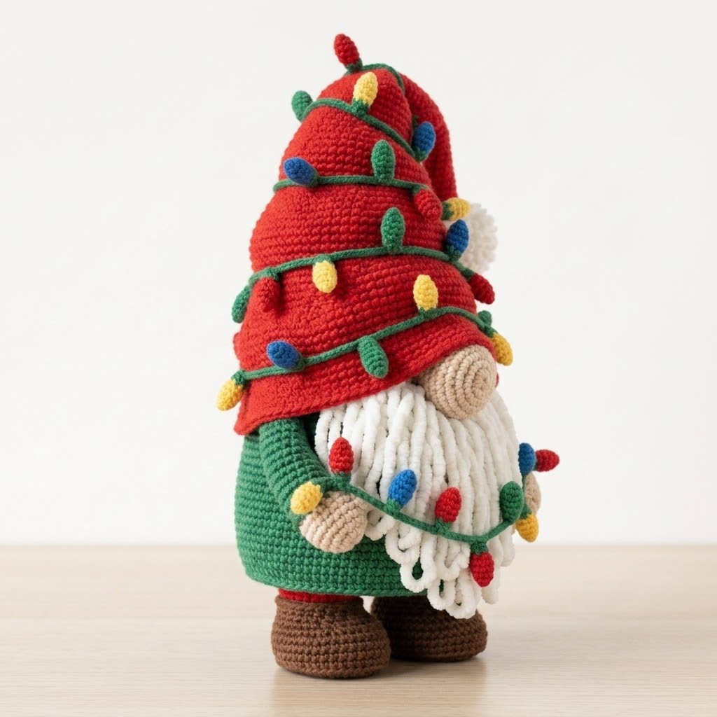 Gnome Crochet Plush, Red Floppy Hat & Colorful Lights