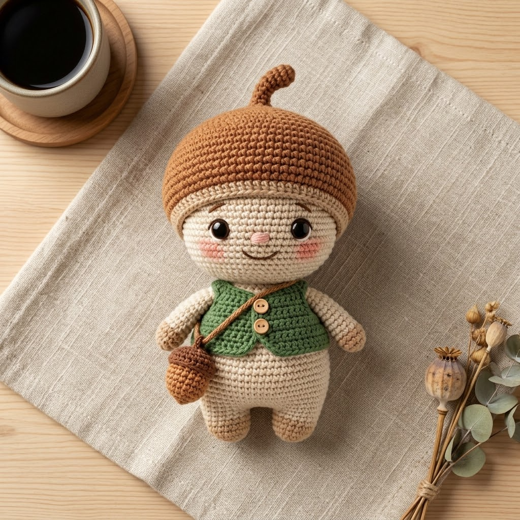 Cute Crochet Acorn Doll, Woodland Plush Forest Decor, Autumn Handmade Toy