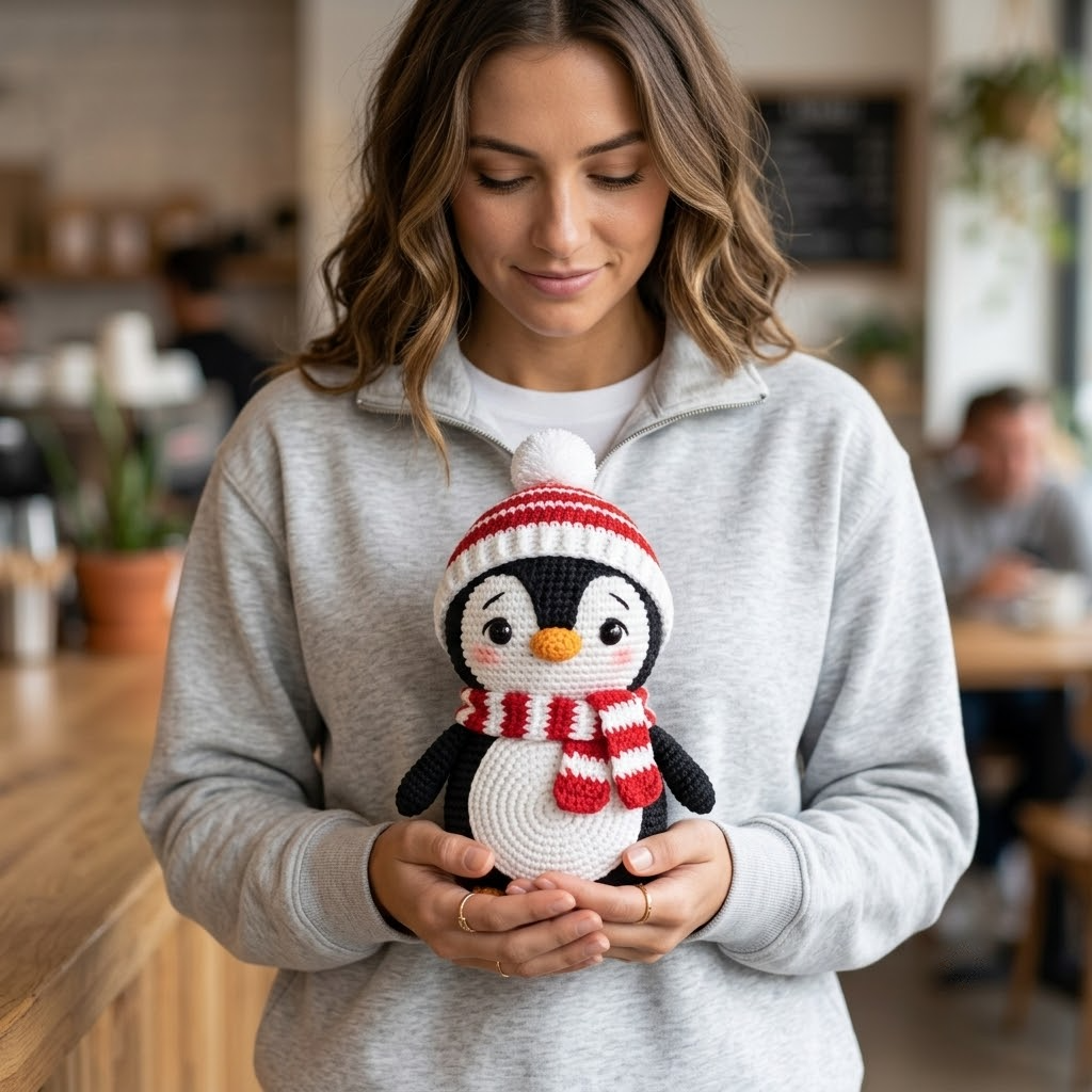 Crochet Penguin Doll, Winter Christmas Plush, Cute Amigurumi Holiday Decor