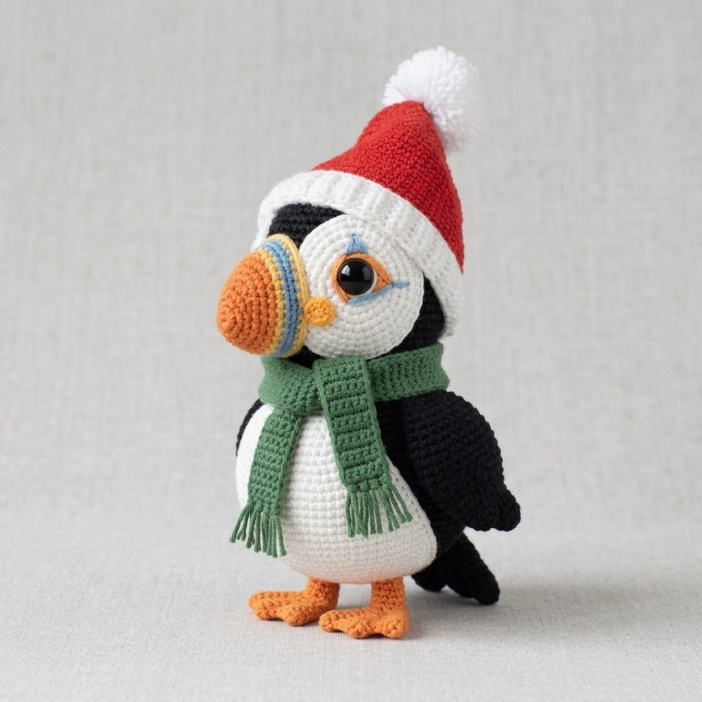 Puffin Crochet Doll, Handmade Amigurumi Plush With Red Hat, Green Scarf