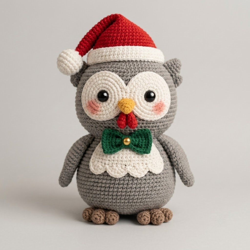 Christmas Owl Crochet Doll With Santa Hat, Green Bow Tie, Rosy Cheeks