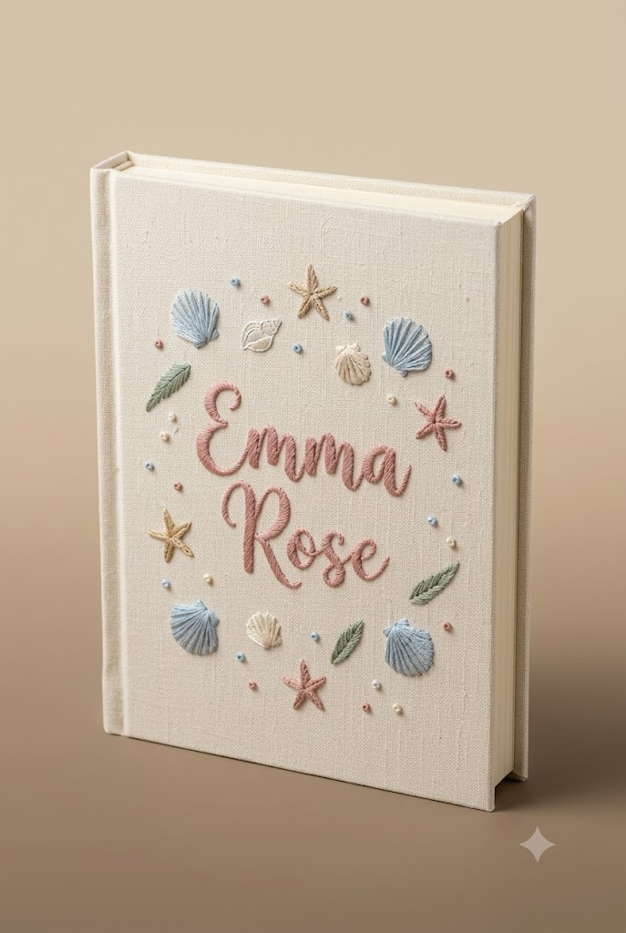 Embroidered Baby Album, Personalized Seashell Starfish Book, Coastal Nursery Keepsake Gift