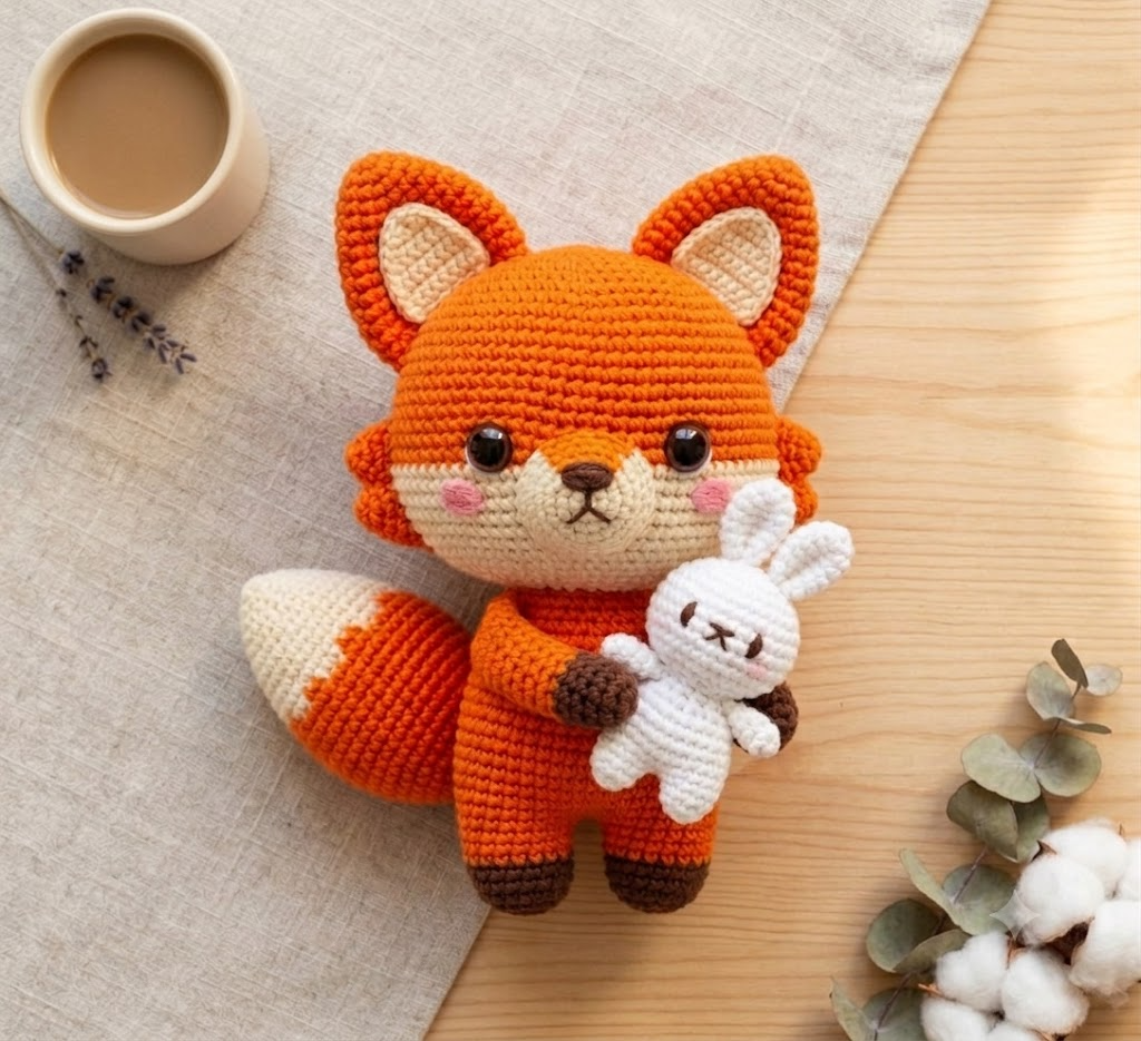 Cute Crochet Fox Doll & Bunny Amigurumi, Woodland Animal Plush Toy Set