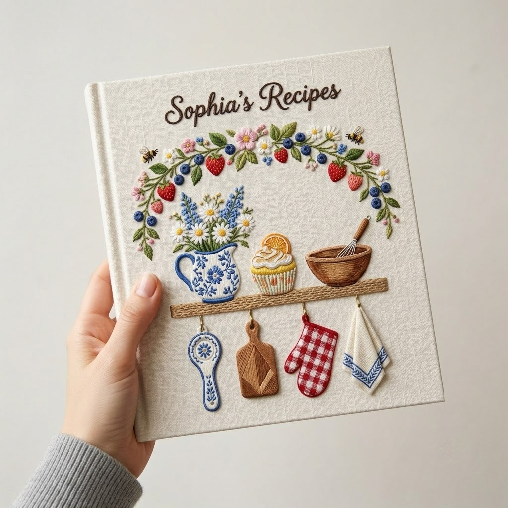 Personalized Embroidered Journal, Custom Strawberry Cottagecore Recipe Book