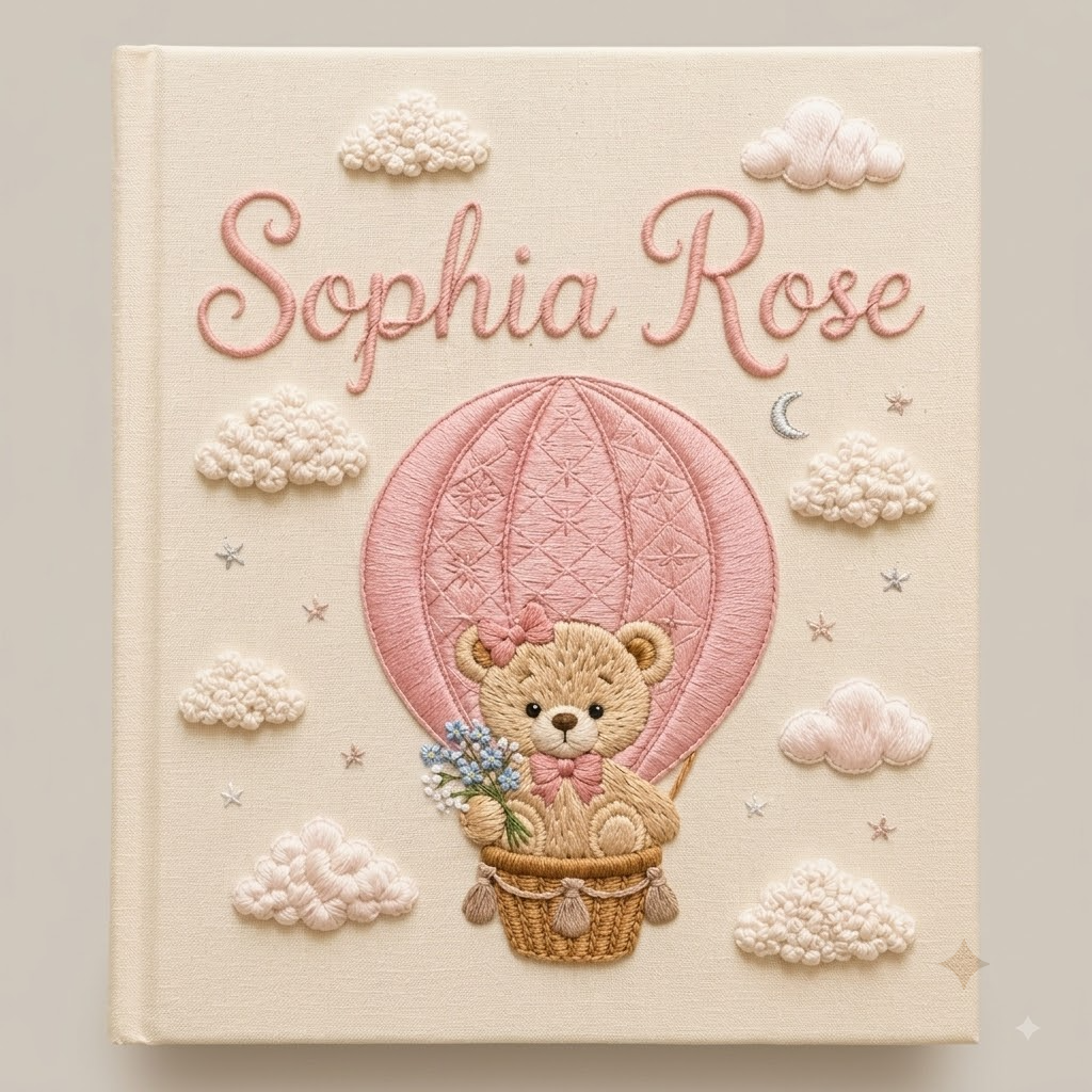 Personalized Baby Photo Album, Embroidered Teddy Bear Hot Air Balloon Memory Book