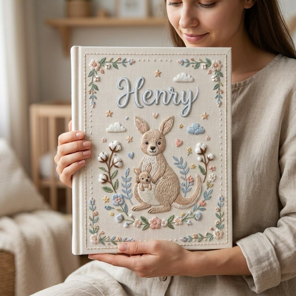 Baby Photo Album Embroidered Album, Kangaroo Baby Design Nursery Gift