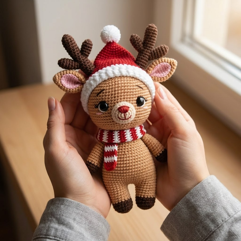 Charming Crochet Reindeer Doll, Christmas Amigurumi Plush With Santa Hat
