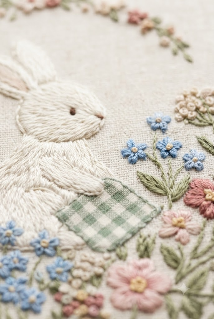 Simple Line Embroidered Linen Photo Album 2 3 Vertical Ratio Bunny Flowers