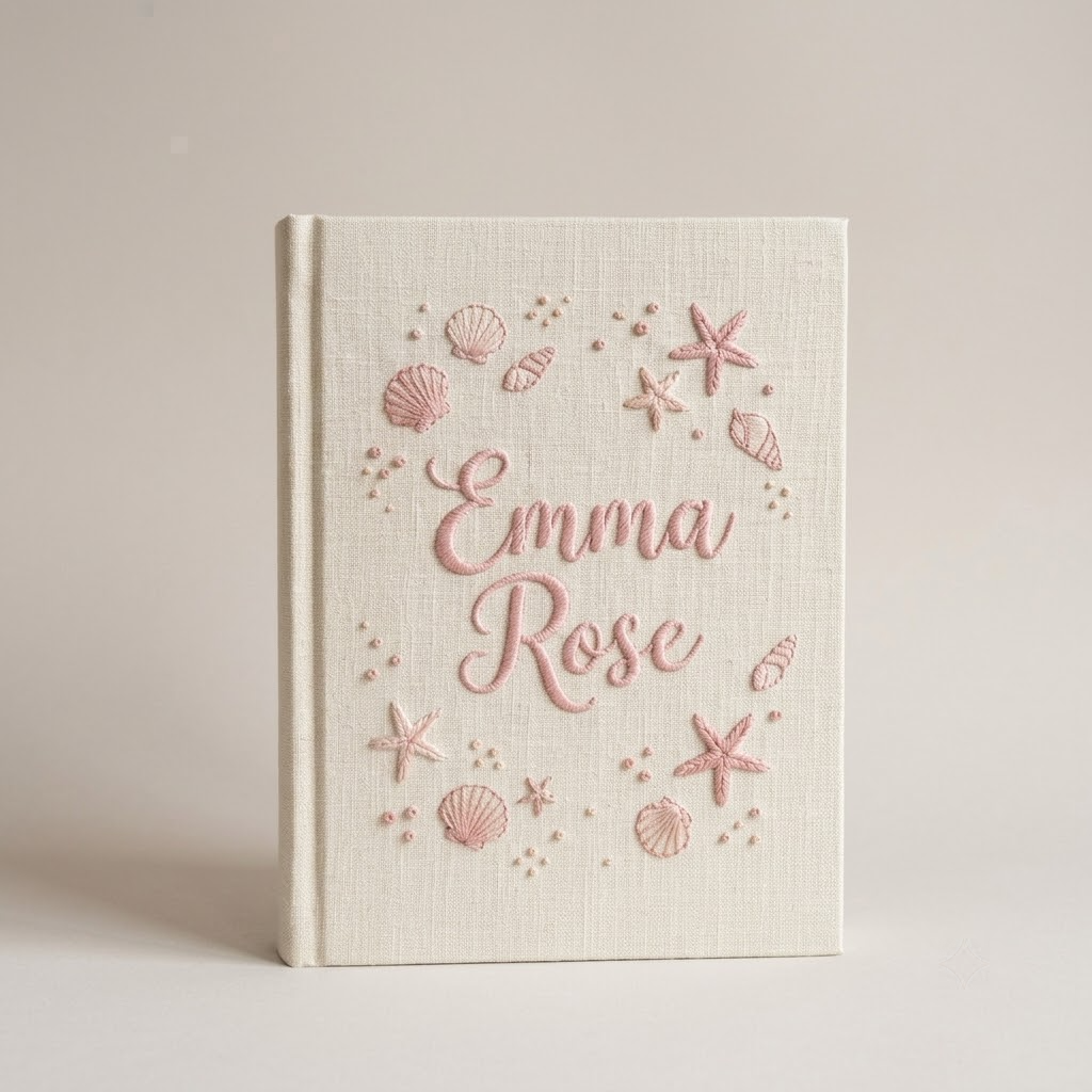 Baby Photo Album, Embroidered Seashell Starfish Ocean Nursery Soft Pink