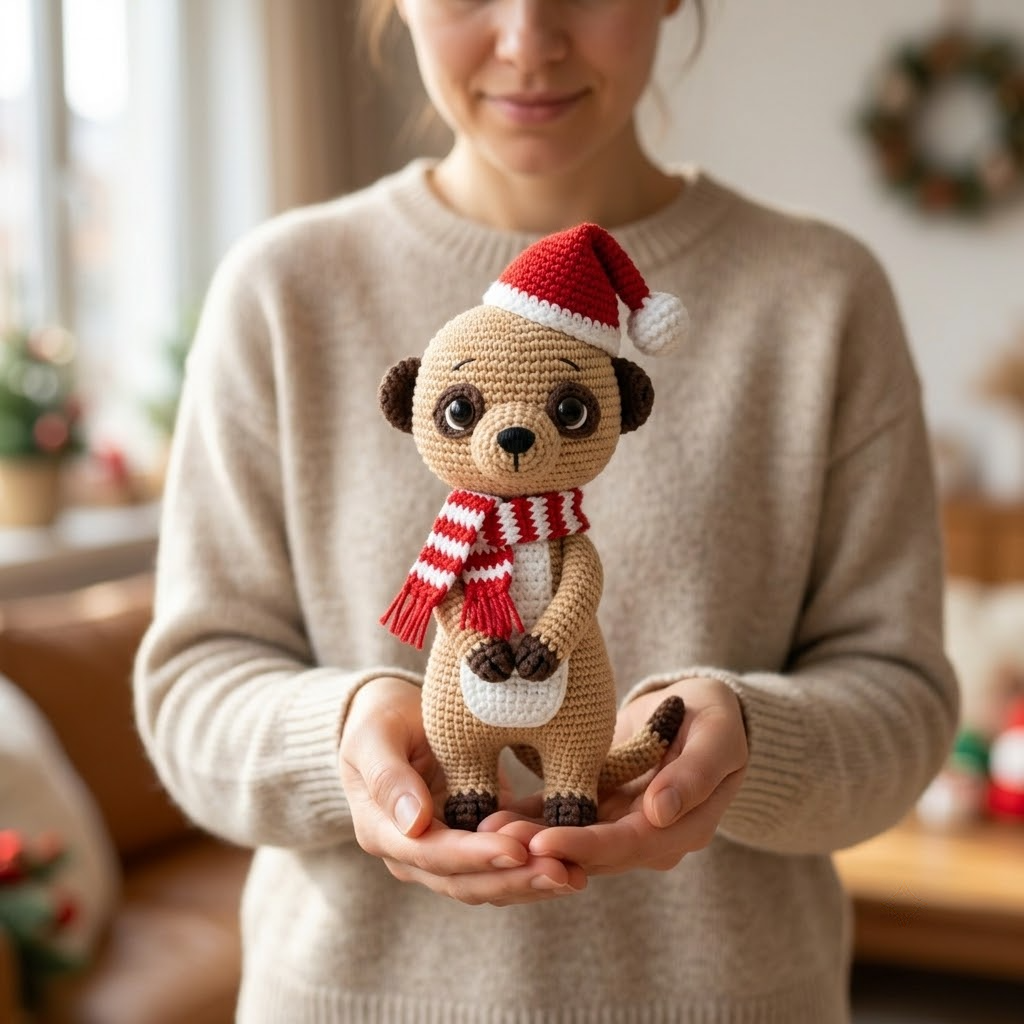 Handmade Christmas Meerkat Crochet Doll, Amigurumi For Holiday Gift