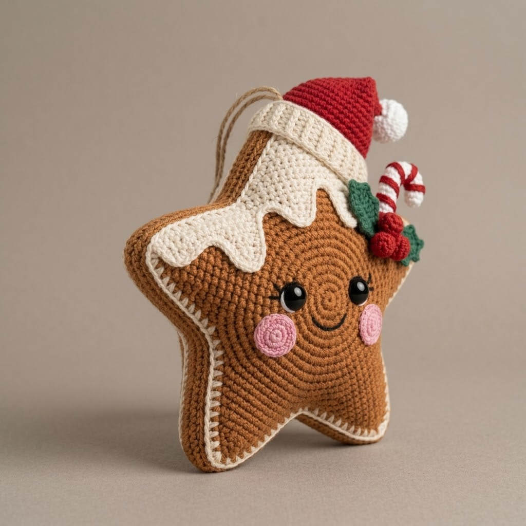 Cute Gingerbread Star Crochet Ornament, Kawaii Christmas Decor & Holiday Plush