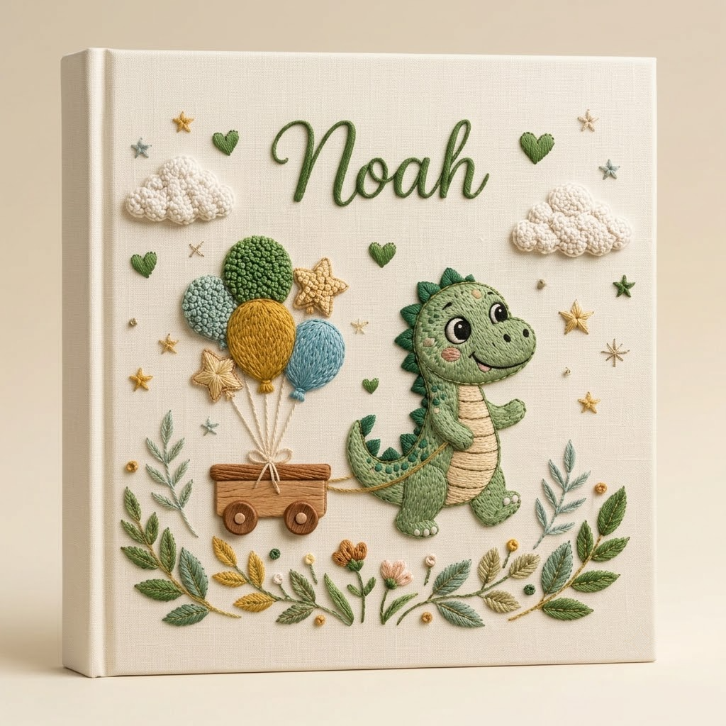 Personalized Baby Photo Album, Custom Embroidered Dinosaur Baby Book, Newborn Keepsake Gift