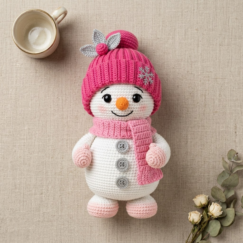 Adorable Pink Snowman Crochet Plush, Handmade Holiday Gift