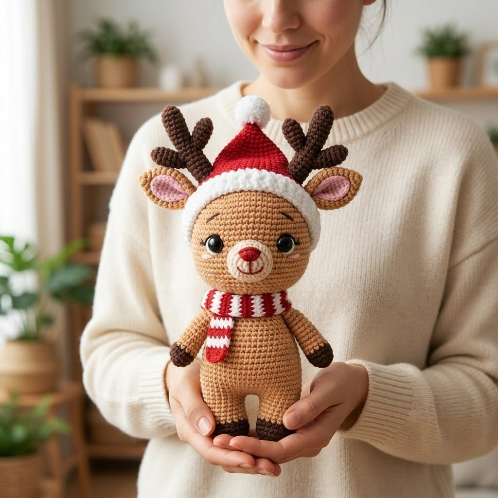 Charming Crochet Reindeer Doll, Christmas Amigurumi Plush With Santa Hat