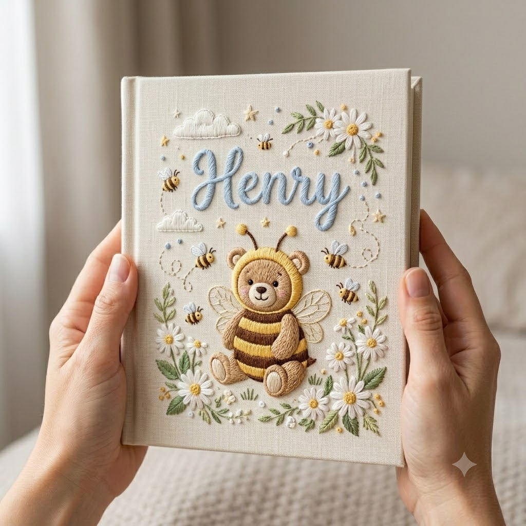Baby Photo Album Embroidered Album Bear Bee Design Nursery Keepsake