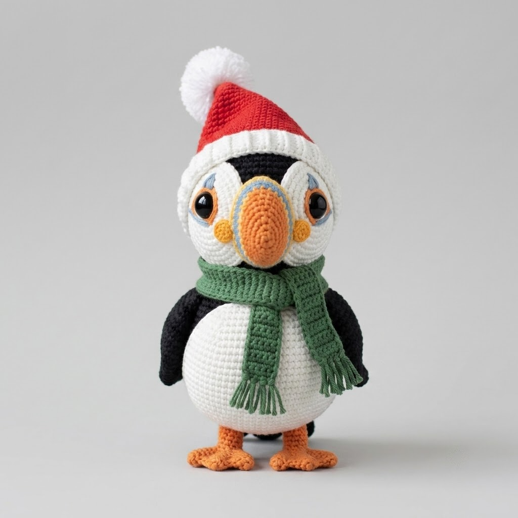 Puffin Crochet Doll, Handmade Amigurumi Plush With Red Hat, Green Scarf
