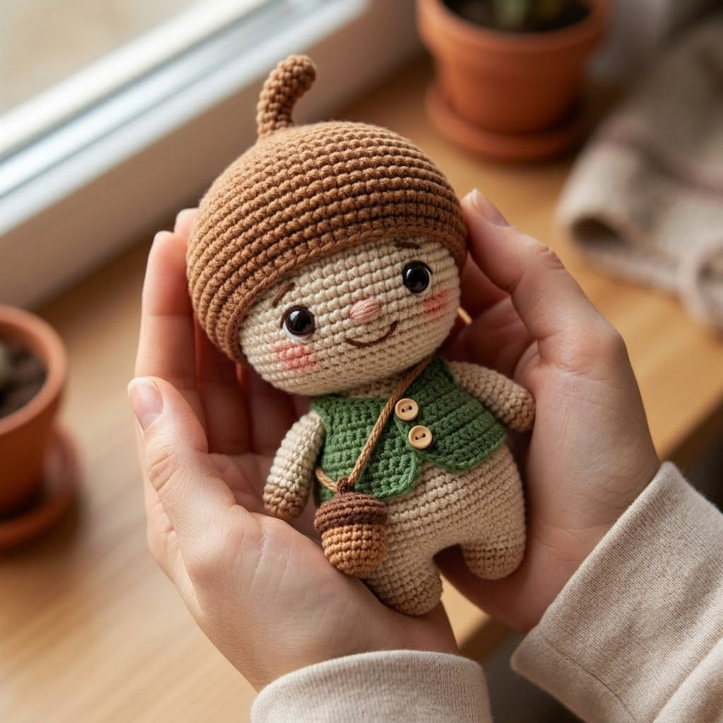 Cute Crochet Acorn Doll, Woodland Plush Forest Decor, Autumn Handmade Toy